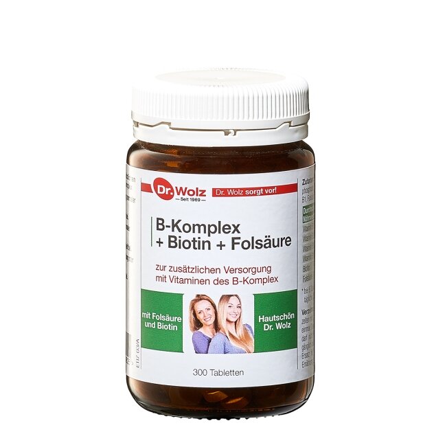 DR.WOLZ B-KOMPLEX + BIOTIN + FOLIO RŪGŠTIS N300 DR.WOLZ B-KOMPLEX + BIOTIN + FOLIO RŪGŠTIS N300